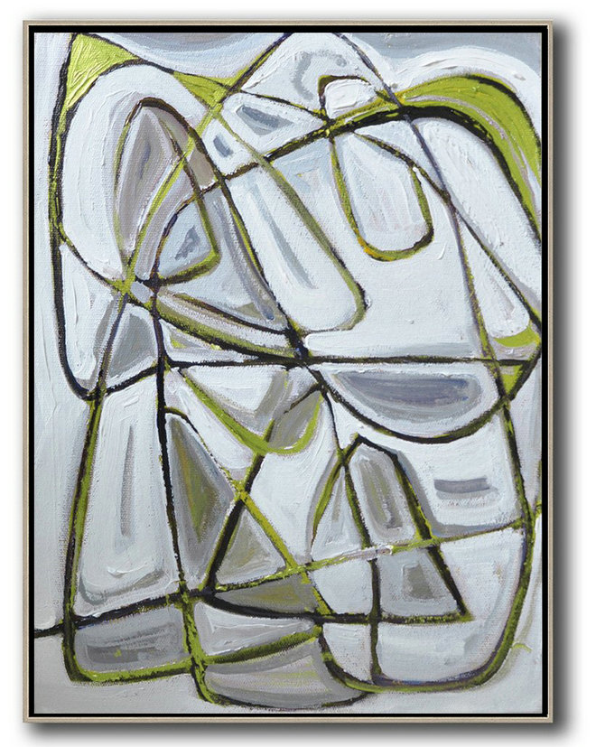Vertical Contemporary Art,Hand-Painted Contemporary Art,Grey,Brown,Light Green,White,Black